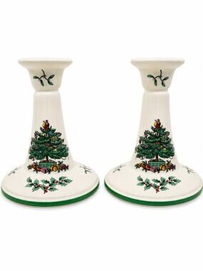 SPODE Christmas Tree Candlestick Holders Holiday Decor Vintage